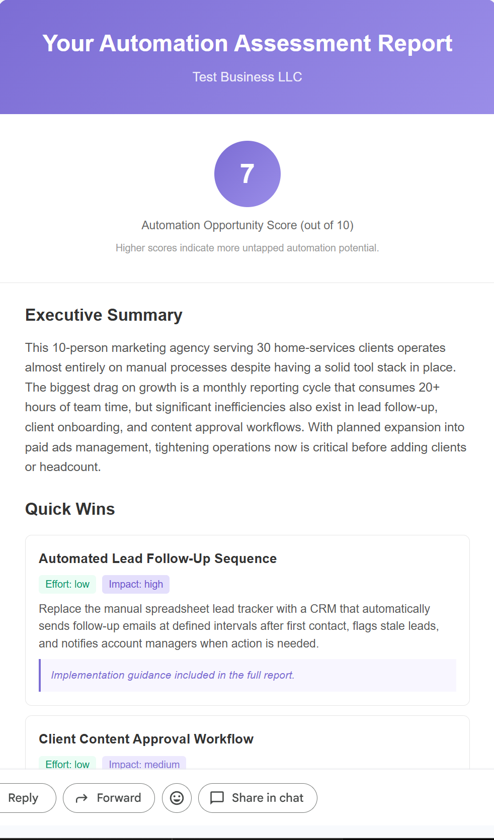 Assay automation assessment report in email inbox showing opportunity score and quick wins
