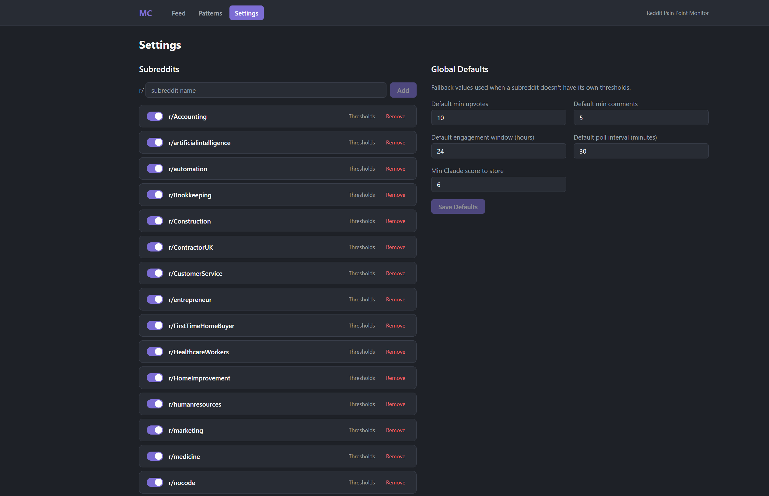 Reddit Monitor settings showing subreddit configuration and scoring thresholds