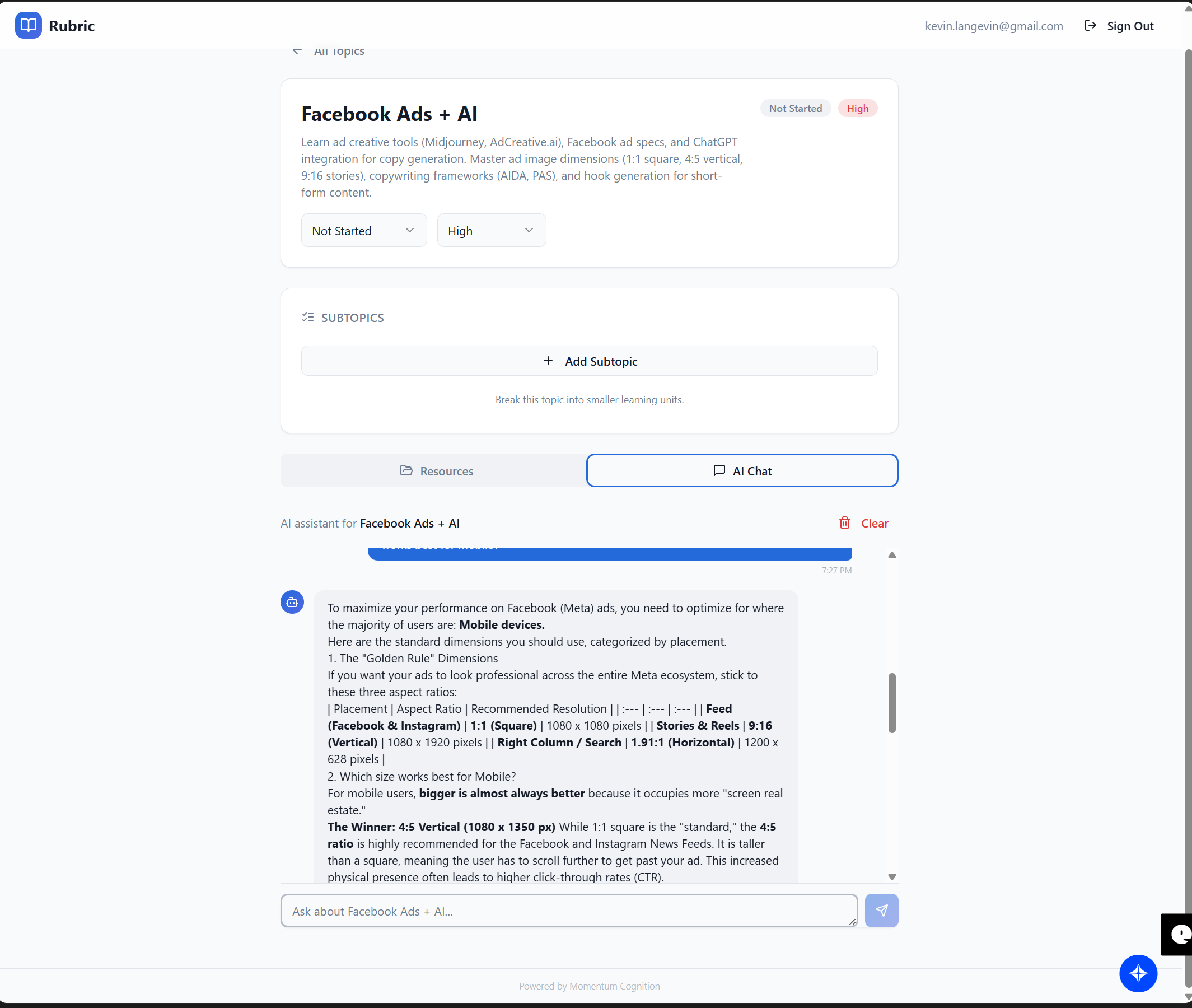 Rubric AI chat tab showing context-aware AI conversation about Facebook Ads topic
