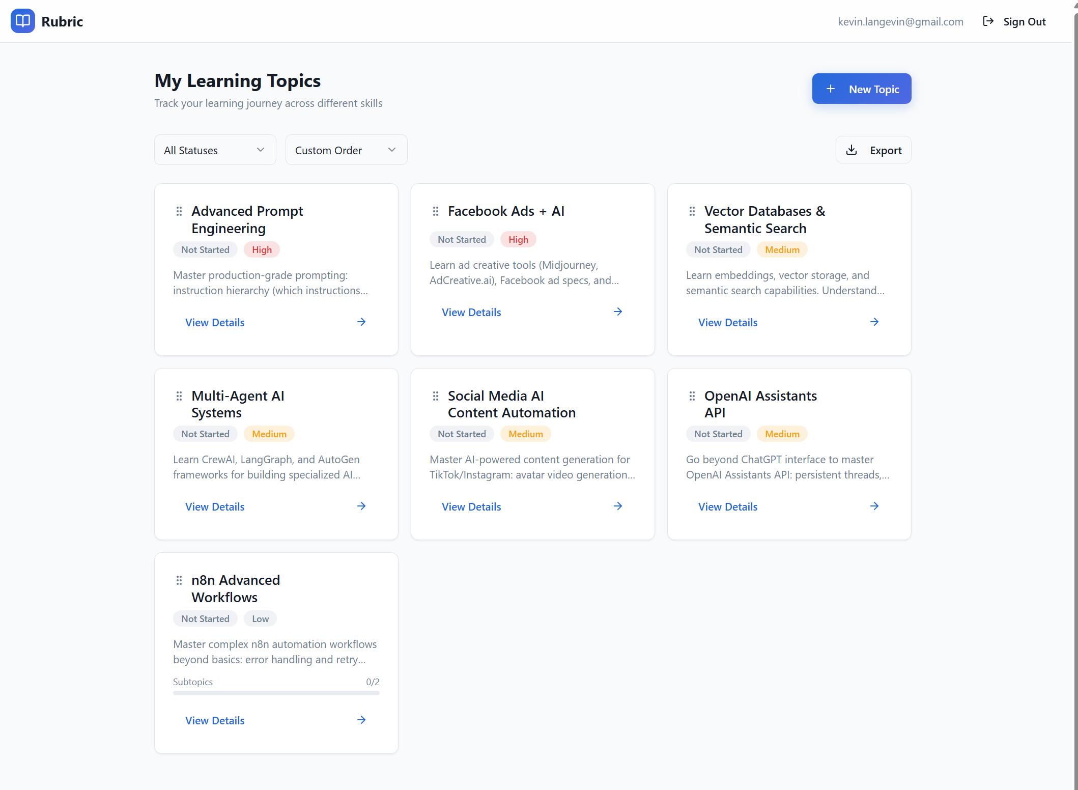 Rubric learning management dashboard showing topic cards with status and priority